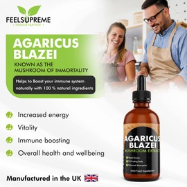 Feel Supreme Agaricus Blazei Extract Liquid Supplement 60ml Full Fruiting Body Dual Extracted Supports Well-Being Digestion & Cellular Health Antioxidant | Polysaccharides & Beta-Glucans