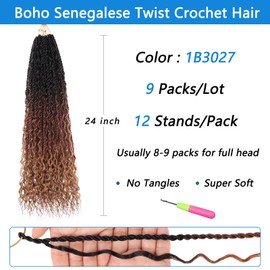 ZRQ 9 Packs Senegalese Twist Crochet Hair 24 Inch Boho Island Twist Crochet Hair Pre Looped Synthetic Braiding Hair with Curly Ends for Black Women 1B3027#