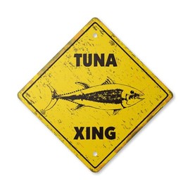 Tuna Vintage Crossing Sign Zone Xing | Indoor/Outdoor Plastic | 14" Tall Rustic Sport Fishing Boat deep sea Fisherman Love Fish