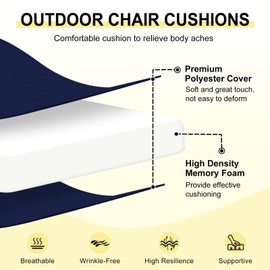 downluxe Outdoor Chair Cushions Set of 6 for Patio Furniture, Water-Resistant Patio Chair Cushions with Ties, High Density Foam Outdoor Seat Cushion, 17" X 16" X 2", Navy
