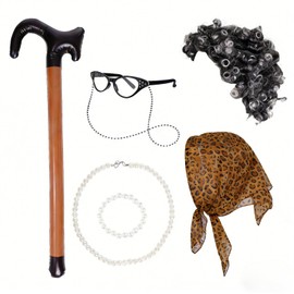 Old Lady Wig Costume 7Pcs Granny costume accessories Includes Heat-Resistant Curly Wig Glasses Pearl Jewelry Scarf and Cane for 100 Days of School Halloween Theme Parties