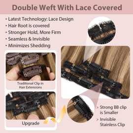 Silk-co Clip in Hair Extensions Real Human Hair Extension Double Weft With Lace Coverd Clip in Silky Straight Very Thin Highlight efffect for Women 6PCS 6Clip 16In #4P27 Medium Brown&Dark Blonde 40g