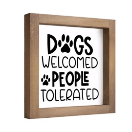 pechpell Wooden Dogs Welcome People Tolerated Sign, 6 Inch Dog Decor for Home, Room Bathroom Bedroom House Wall Table Shelf Rustic Decorations
