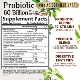 Probiotics 60 Billion CFU per Serving - 10 Strains + Prebiotics - Immune, Digestive & Gut Health Support, Supports Occasional Constipation, Gas & Bloating - Shelf Stable for Women & Men - 60 Capsules