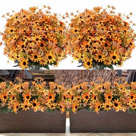 Mutcolor 7 Bundles Fake Mums Artificial Fall Flowers for Outdoors Faux Silk Daisy Floral UV Resistant Plastic Plants for Outside Indoor Garden Porch Pots Planter Table Vase Decorations(Orange)