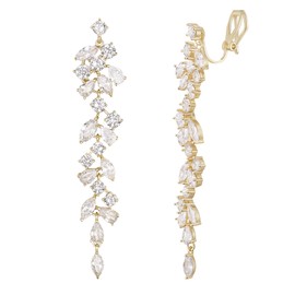 EVER FAITH Gorgeous Wedding Prom Jewelry Round Marquise Cubic Zirconia Teardrop Crystal Chandelier Bridal Dangle Clip on Earrings for Women Brides Clear Gold-Tone