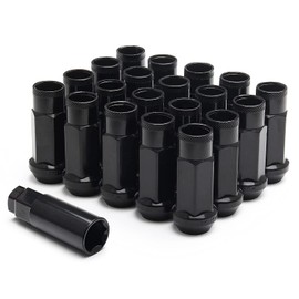Piodelo Chrome Lug Nuts M12x1.5 Open End Wheel Nuts,Taper Acorn Seat, Forged Locknut Racing Nut Set 20Pcs and 1 Nut Socket Key- Black
