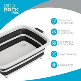 BIRDROCK HOME 2-pack Collapsible BBQ Prep Tub w/Cutting Board, Multi-Function Grill Caddy w/Colander & Lid, Portable Silicone Dish Bowl for Picnic, Tailgate, Camping (Black, Large)