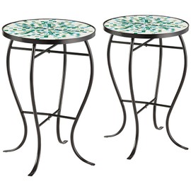 Teal Island Designs Aqua Modern Black Metal Round Outdoor Accent Side Tables 14" Wide Set of 2 Green Mosaic Tile Tabletop Gracefully Curved Legs for Spaces Porch Patio Home House Balcony Deck Shed