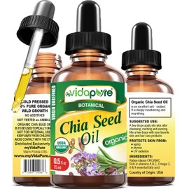 MYVIDAPURE Organic CHIA SEED OIL Certified Organic 100% Natural Pure VIRGIN UNREFINED Undiluted Cold Pressed Carrier oil 0.5 Fl oz 15 ml for Face Skin Body Hair Lip Nails Anti-Aging Rich in Vitamin E