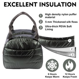 Dealkion Cute Lunch Bags for Women Quilted Lunch Bag Lunch Box for Women Men Adult Thermal Insulated Puffer Lunchbox Reusable Lunch Cooler Tote Bag for Work, Picnic or Travel-Olive green