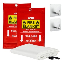 Riparo Emergency Fire Blankets 2 - Pack W/Hooks – 40" x 40" - Fireproof Safety Blankets for Home and Kitchen – Fire Suppression Fiberglass Blanket - Fire Retardant Blanket