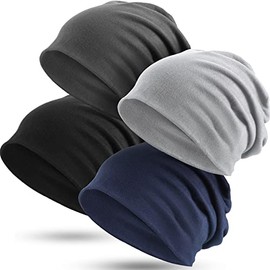4 Pieces Slouchy Beanie Hat Sleeping Cap Baggy Skull Knit Sleeping Hat Headwear Head Wrap Cap for Men Women (Black, Gray, Solid Color)