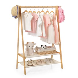 Foldable Kids Clothing Rack - Dress Up Storage with 2 Fabric Shelves, Bamboo Small Clothes Rack for Hanging Organizer, Kids Costume Wardrobe & Dress Up Rack for Bedroom, Playroom, Nursery (Natural)