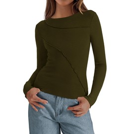 KIRUNDO Going Out Tops for Women Boat Neck Long Sleeve Ribbed Knit Fitted Shirts Exposed Seams Basic Tee Fashion Clothing(Army Green, Medium)