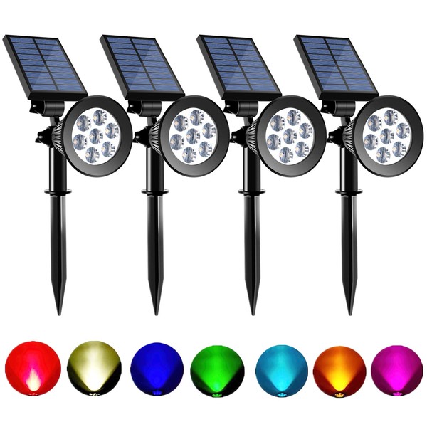 Sunklly Solar Spot Lights Outdoor 2-in-1 Colored Adjustable 7 LED Waterproof Security Tree Spotlights Lawn Step Walkway Garden Changing & Fixed Color (4 Pack)