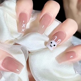 Gifiky Gradient Fake Nails Long Coffin Press on Nails Cute Nails Tips Rabbit pattern Full Cover False Nails Pink for Women and Girls 24Pcs