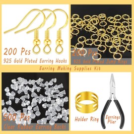 XIANNVXI Gold Earring Hooks for Jewellery Making,602 Pcs Hypoallergenic Gold Plated Earring Hooks,Jump Rings,Earring Findings,Rubber Earring Backs,Earring Making Supplies,Tools for DIY