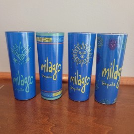 Coaster Milagro Tequila ~ Set of 4 Glass Shot Glasses 4in tall Blue Yellow Green
