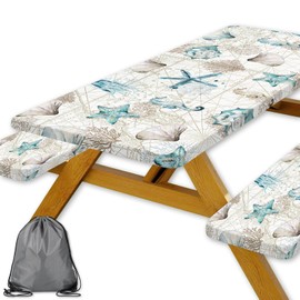 DYNH Shell Starfish Picnic Table Cover with Bench Covers,Nautical Coastal Conch Summer Party Decor,Elastic Fitted Tablecloths for 6 Ft Rectangle Tables and Seats,with Drawstring Bag(30x72 Inches)