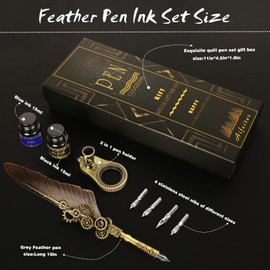MPRINCE Feather Pen ink Set,Calligraphy Pen Set,Includes Quill Pen,2 Bottles of Color ink,2 in one Holder,4 Stainless Steel Nibs,Black Gift Box-Grey