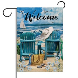 Hzppyz Welcome Summer Blue Sea Ocean Chair Myosotis Sylvatica Flower Beach Garden Flag, Coastal Nautical Segaviota Sailboat Bag Hat Decorative House Yard Outdoor Small Decor Tropical Home Exterior 12x18