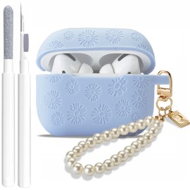 GARTOO Flower Engraved Case for Airpods Pro 2nd/1st Generation Case Cover with Cleaner Kit, Silicone Skin Airpod Pro Protective Case with Luxury Pearl Keychain for iPods Pro 2/1 Case 2023 2022 2019