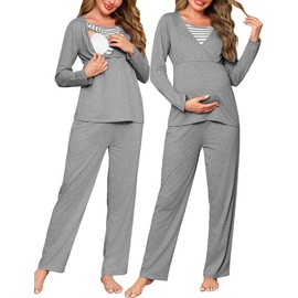 Bresdk Nursing Pyjamas Long Women's Winter Pyjamas Pregnancy Long Sleeve Cotton Two Piece Maternity Fashion Nursing Function Sleepwear for Pregnant, darkgray