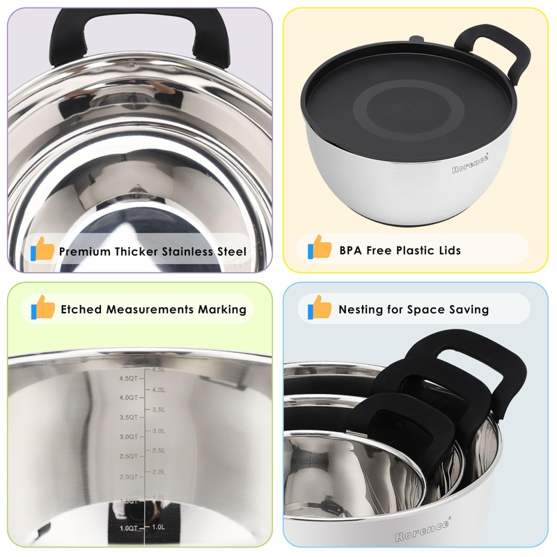 Rorence Stainless Steel Mixing Bowls: Stackable Mixing Bowl Set with