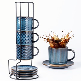6 OZ Coffee Mugs with Saucer and Stand, Ceramic Espresso Coffee Cup