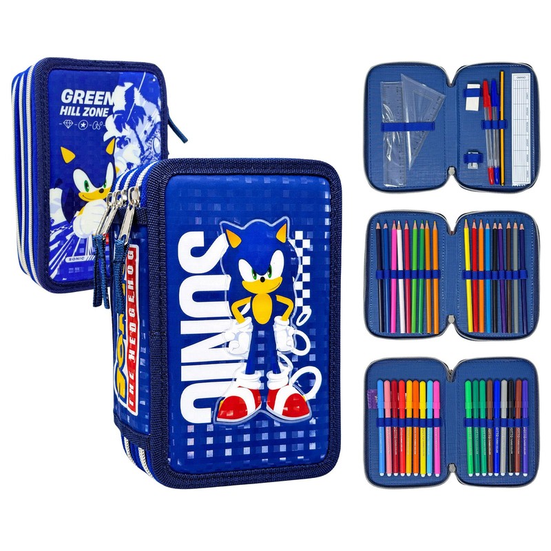 Clondo Astuccio 3 Scomparti Scuola Bambini Per Sonic Fan Completo