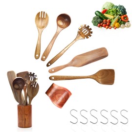 7-Piece Wooden Kitchen Utensil Set - Wooden Cooking Utensils - Wooden Spatula Set - Wooden Utensils for Cooking with Holder - Spoon Rest & Hook - Wooden Spoon for Cooking for Non-Stick Pan