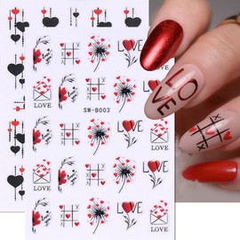 3D Geometric Line Heart Nail Stickers Valentine Nail Art Stickers for Nail Designs Black Red Hearts Valentines Nail Decals for Nail Art Supplies Heart Stickers for Nails Design Sticker Nails for Women
