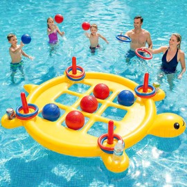 2 in 1 Pool Toys Games Set Inflatable Tic Tac Toe with 10 Balls & 10 Rings for Adults Teens Kids, Giant Floating Tic-Tac-Toe with Cup Holder Ring Toss Large Outdoor Yard Game Tabletop Billiards & Pool