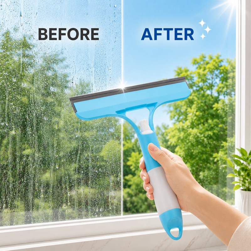 3-in-1 Spray Window Squeegee for Glass Cleaning – Built-In Bottle