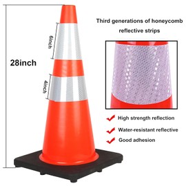 RELIANCER 8PCS 28" Traffic Cones PVC Safety Road Parking Cones with Black Weighted Base w/6"&4" Reflective Collars Fluorescent Orange Hazard Cones Construction Cones for Traffic or Home Improvement