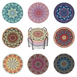 Ceramic Coasters Set of 8, Mandala Coasters for Drinks, Absorbent Drink Coaster Set with Non-slip Cork Base & Holder for Coffee Table Kitchen Dining Room Decoration, Round, 4 Inch