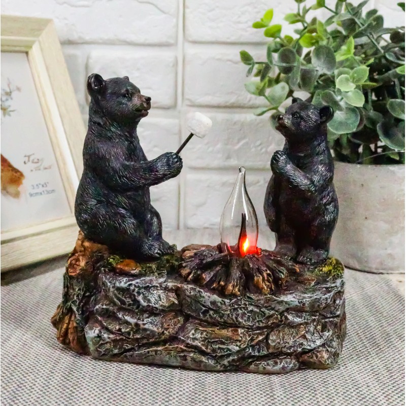 Rustic Forest Father Son Black Bears Making Smores Bonfire Night