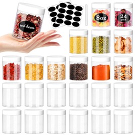 SLifeJars Plastic Jars 8oz Clear Plastic Slime Jars 24Pcs Empty Round Food Jars with White Lids Stackable Refillable Plastic Travel Jars Slime Containers for Slime Making Kitchen and House Storage