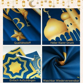 Gaeymy Ramadan Mubarak Decoration Eid Background Banner, Kareem Decorative Wall Ramazan Poster XXL, Muslim Black Gold Fabric Sign Large for Living Room Home Garden Islamic Al Fitr Party (185 x 110 cm)