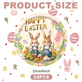CutitiUU 24Pcs Easter Party Paper Plates Happy Easter Party Paper Plates Disposable Easter Bunny Eggs Paper Plates Party Tableware for Easter Kids Adult Party Decorations (9 in)