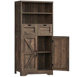 TEENFON 49.6'' Tall Farmhouse Storage Cabinet with Adjustable Shelf & 2 Drawers, Kitchen Storage Cabinet with 2 Doors, Cupboard for Living Room, Entryway, Home Office, Rustic Oak
