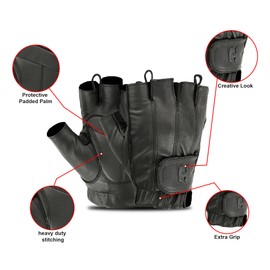 Hugger Glove Company Fingerless Leather Gloves for Men - Driving Gloves with Gel Palm Motorcycle Gloves - Biker, Riding, Police, (Black)