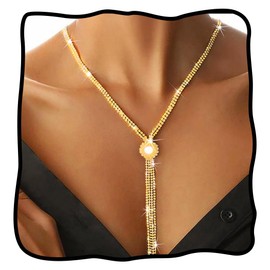 Nicute Rhinestone Y-Necklaces Crystal Long Choker Chain with Pearl Party Choker Necklaces Jewelry for Women (Gold)