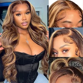 Highlight Ombre 13x6 HD Lace Front Wigs Human Hair Ombre P4/27 Colored Honey Blonde Frontal Wigs Pre Plucked with Baby Hair 160% Density Ombre Body Wave Human Hair Lace Frontal Wig for Women 30 inch
