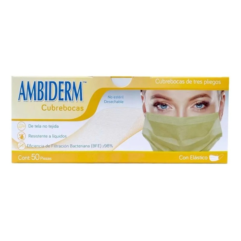 Cubreboca Econoply 3 Pliegues Ambiderm Colorfull Caja C/50 Color Amarillo