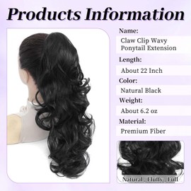 Black Ponytail Extension Curly Wavy, 22" Claw Clip Ponytail Extensions for Women, Fluffy Long Wavy Curly Fake Pony Tail Clip in Hair (1B#, 22 Inch)