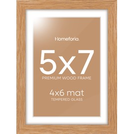 Homeforia 5x7 Picture Frame Wood, High-End Wooden Oak Frames 5 x 7 for Wall or Tabletop, 5x7 Wood Frame with Mat 4x6, Tempered Glass, Wall Hook Included, Set of 1