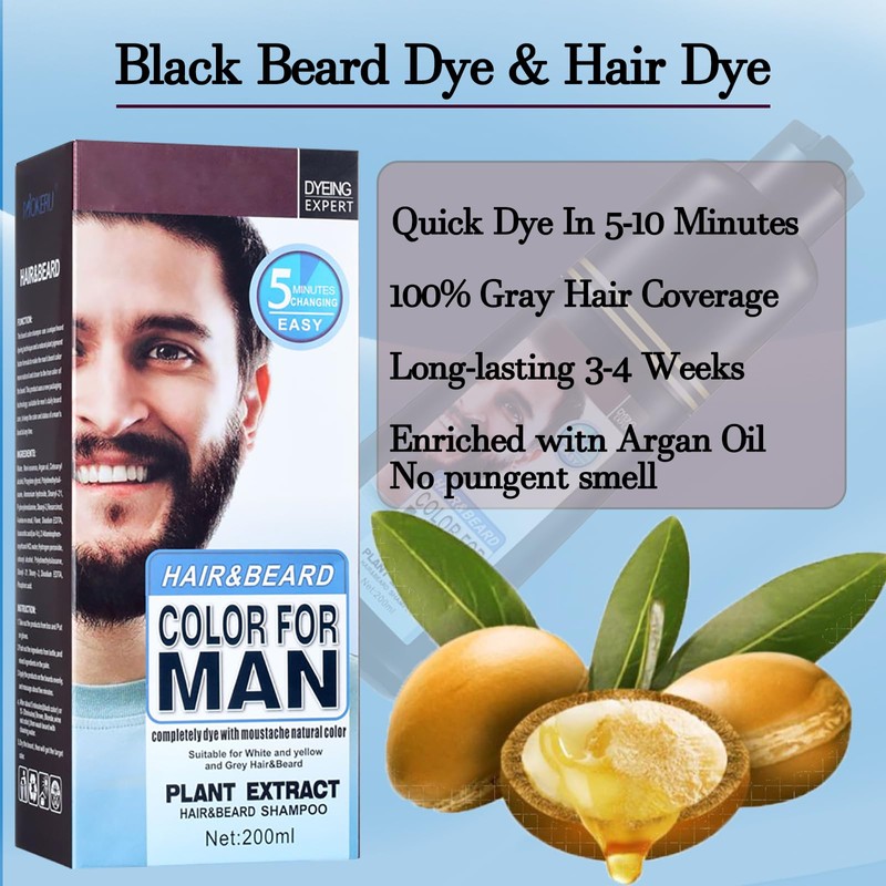 Hair & Beard Dye for Men Black, Long Lasting Beard