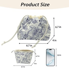 Lyssiatina Drawstring Cotton Quilted Makeup Bag，Coquette Cute Travel Toiletry Organizer with Canvas Lining，Aesthetic Cosmetic Pouch for Women & Girls（Navy Blue Flower）